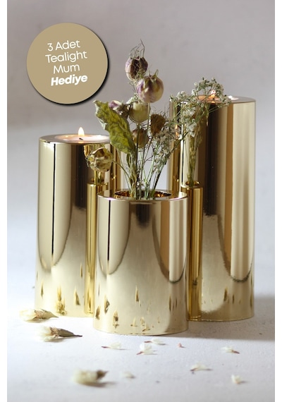 3 Lü Gold Krom Parlak Yüzey Mumluk Dekoratif Tealight Set Mum