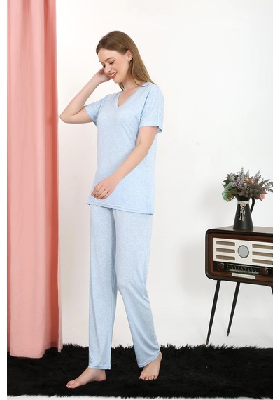 Akbeniz Kadın Kısa Kol Pamuk Penye Pijama Takım Mavi 4213-mavi Mavi