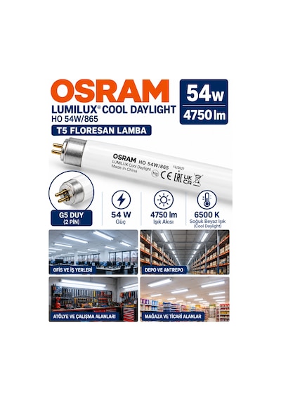 1 Adet Osram 54w 865 Beyaz 6500k G5 Duylu T5 Floresan