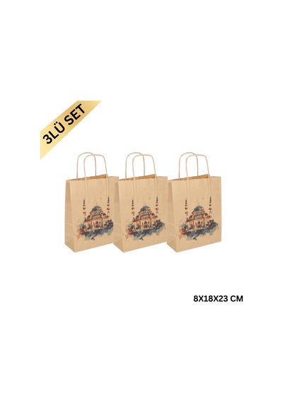 Ramazan Hediyelik Paketleme Çantası, 3lü Paket, Cami Tasarımlı Kraft Kağıt Çanta Seti, 8x18x23 Cm