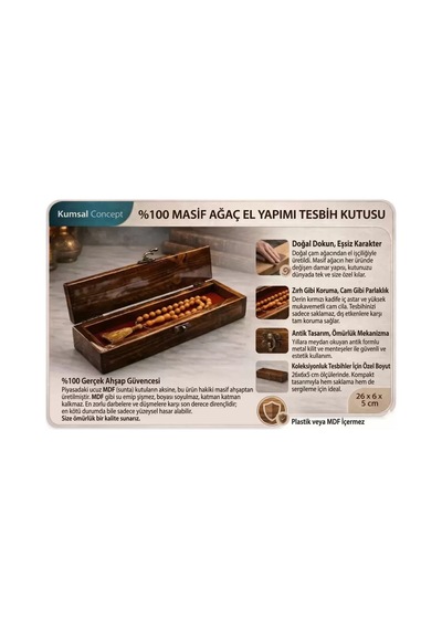 Kutusu Ahşap Tesbih Masif Cam El Yapımı 26x6x5 Cm Koleksiyon Kutusu 45663050