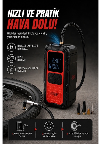 Bolt 001 Taşıma Çantalı 4' Ü 1 Arada Akü Takviye Cihazı Şarjlı Lastik Şişirme Powerbank Led Işık