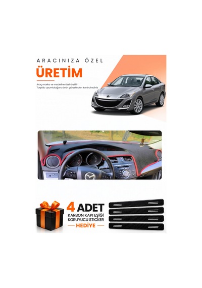 Mazda 3 2009-2013 Uyumlu Torpido Koruma Örtüsü Oto Kılıfı - Siyah Kırmızı
