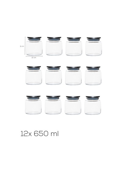 Porsima 4402 Bormio Metal Kapaklı 12 Cam Kavanoz Seti Vakum Kapaklı Saklama Düzenleme Kabı Seti 650ml Şeffaf