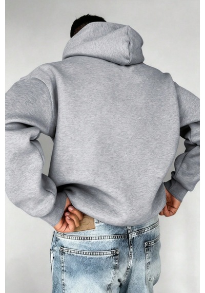Tarz Cool Regular Kapüşonlu Sweatshirt Erkek Unisex 3 İplik Şardonlu %100 Pamuk Basic Hoodie Gri