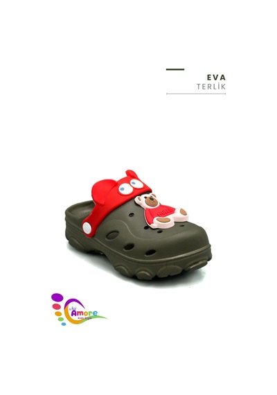 Sermoda Gözlük Desen Ayıcıklı Eva Çocuk Plaj Havuz Terlik Sabo Terlik Haki Kırmızı