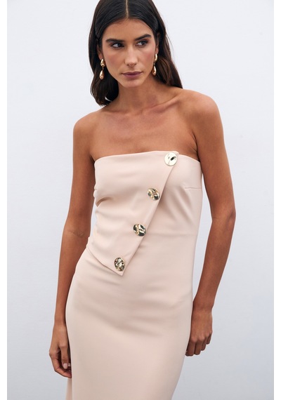 Sateen Düğme Aksesuarlı Straplez Elbise - Bej-135535 Bej