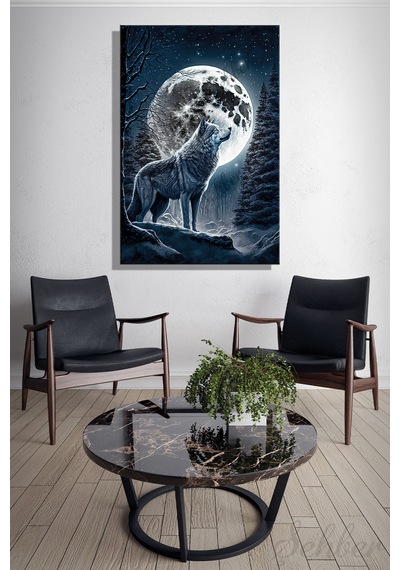 Dikey Tekli Kanvas Duvar Tablosu Modern Salon Mutfak Yatak Odası Ofis Dolunay Gri Kurt