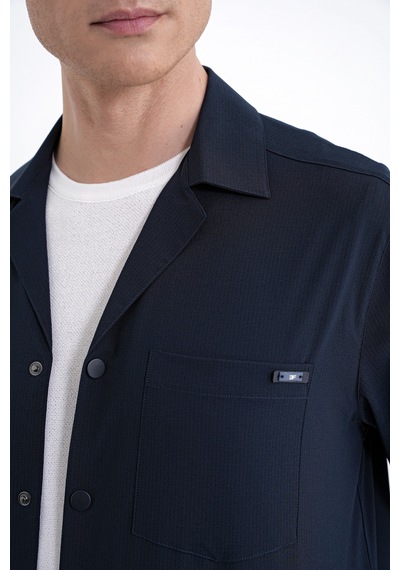 Comfort Fit Apaş Yaka Doku Desenli %100 Pamuk Lacivert Gömlek Ceket G 1601
