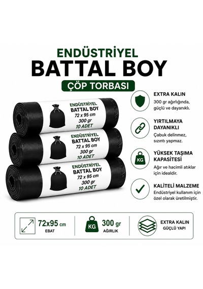 Endüstriyel Çöp Torbası Battal Boy 72x95 Cm 30 Adet 3 Rulo Sızdırmaz Kalın 300 Gram