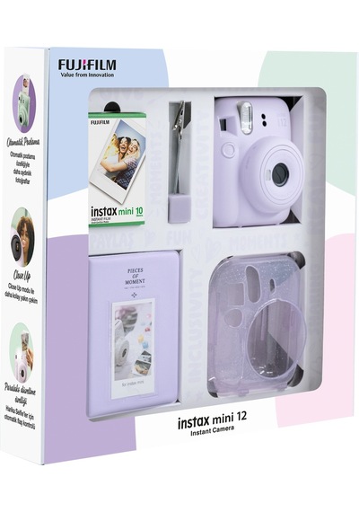 Fujifilm Instax Mini 12 Fotoğraf Makinesi + 10'lu Film + Simli Pleksi Kılıf + Pvc Albüm + Kıskaçlı Standı Lila