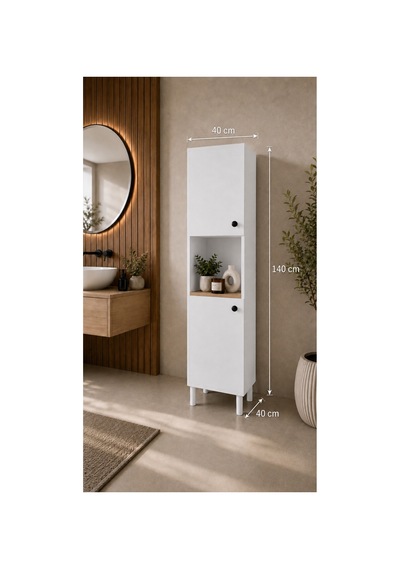 Ahşap Detaylı Banyo Dolabı - Banyo Çok Amaçlı Dolap Beyaz