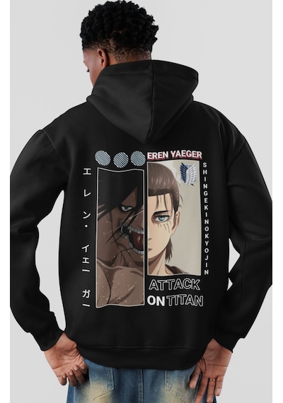 Sevbano Attack On Titan Eren Yeager Anime Sırt Baskılı Unisex Oversize Pe Siyah