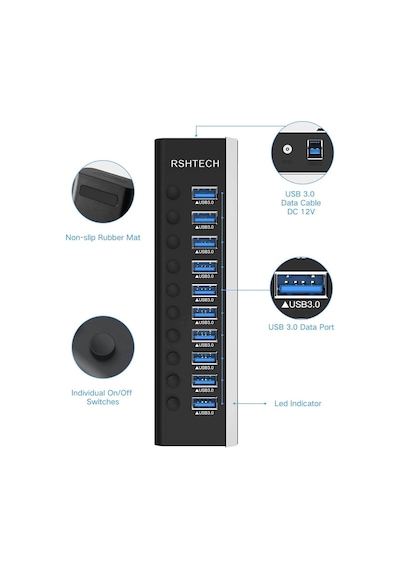 Powered Usb 3.0 Hub Alüminyum 10 Portlu Usb 3.0 Veri Hub, 12v/3a 36w Güç Adaptörü Ve Bireysel