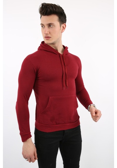Modish İki İplik Kapşonlu Kanguru Cepli Erkek Günlük Sweatshirt Bordo