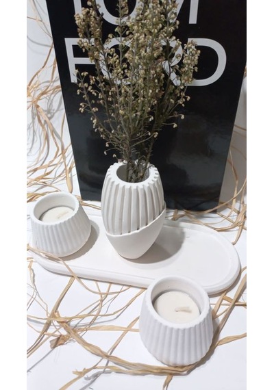 İskandinav Vazolu Tabaklı Tealight Mumluk Set Beyaz Beyaz