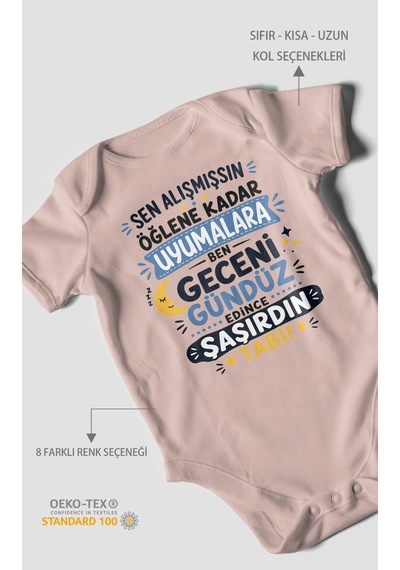 Morivokids Sen Alışmışsın Öğlene Yazılı Kısa Kollu Bebek Body %100 Pamuk Pastel Pembe