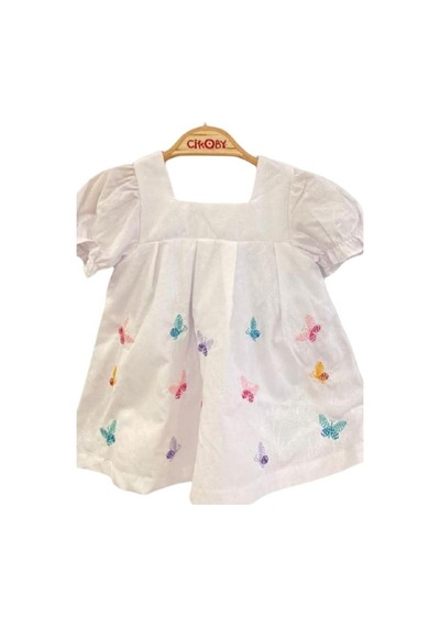 Çikoby Kız Bebek Pamuklu Kelebek Desenli Elbise-13885 Beyaz