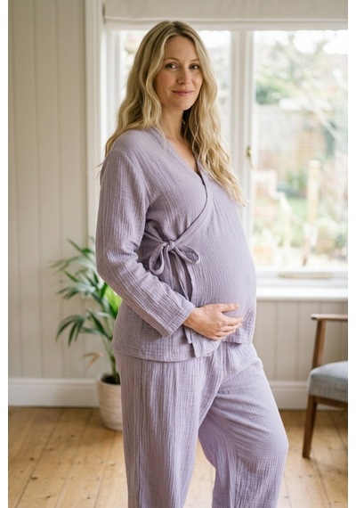 Combattente Exclusive Products Combattente Pamuk Müslin Hamile Lohusa Karın Üstü Pijama Takımı Mor - Lavanta