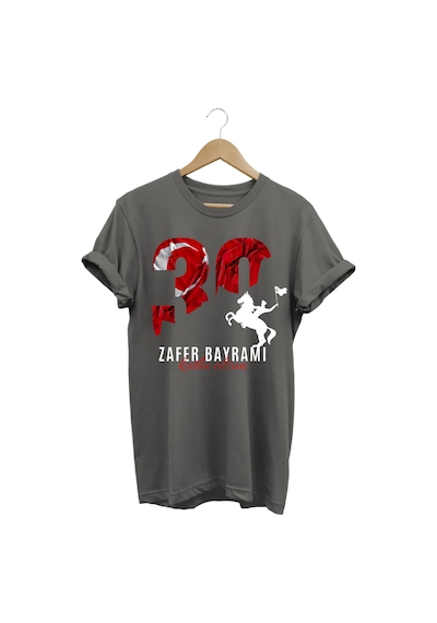 Atatürk 30 Ağustos Zafer Bayramı Bayrak Baskılı %100 Pamuk Regular Fit Gri T-shirt Antrasit