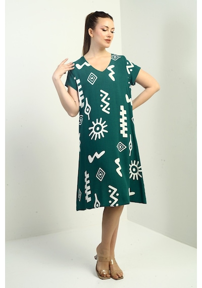 By Saygı Yaka Etnik Desenli Oversize Elbise Yeşil