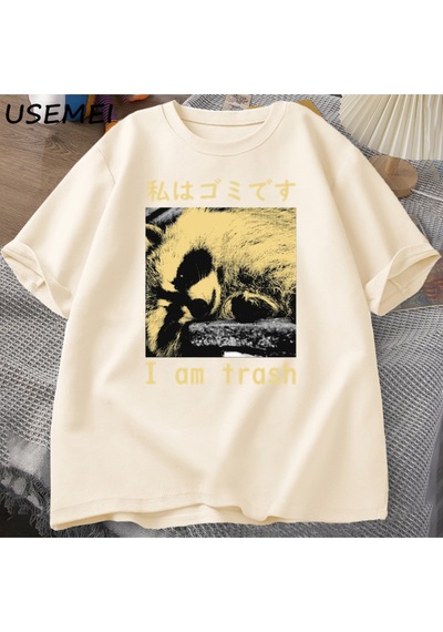 Flood Of Style Ben Çöp Japon Rakun Baskı T-shirt Harajuku Vintage Yüksek Kalite Pamuk Kısa Kollu Tişört Erke Haki