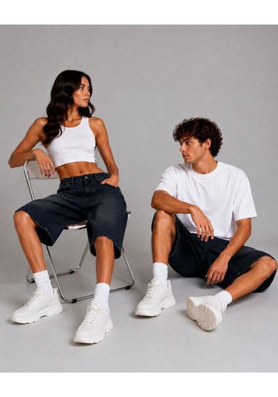 St.poll Eskitme Yıkama Unisex Baggy Denim Şort Eskitme Lacivert
