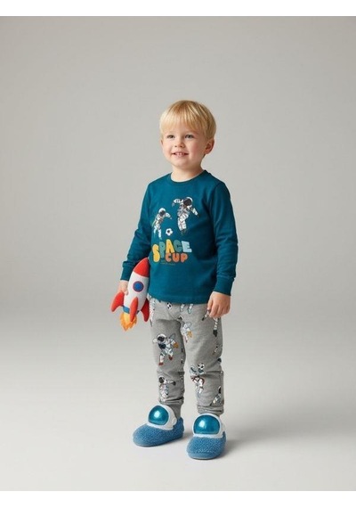 Zekids Erkek Çocuk Space Up Astronot Baskılı Uzun Kollu Pijama Takımı-16843 Yeşil