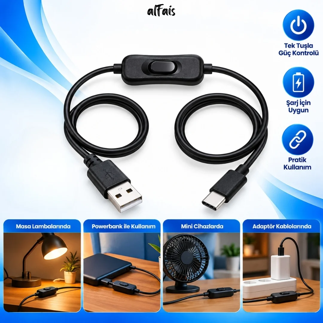 Usb Type C Açma Kapama Anahtarlı Güç Data Kablosu 2 Metre On/off Tuşlu Düğmeli