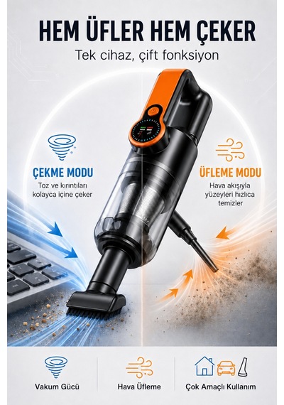 Kablosuz Araç Süpürgesi Vakum Ve Üfleme 2in1 Metal Filtreli 300 Ml Hazneli 5400 Mah Şarjlı Süpürge