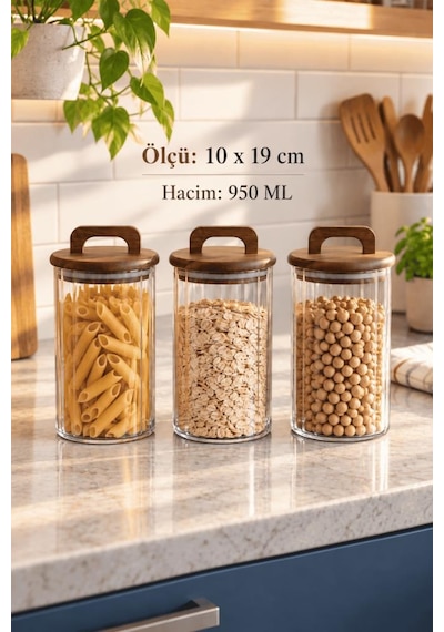 Atbyhome 3'lü Kulplu Akasya Ahşap Kapaklı Çizgili Cam Kavanoz Seti 950 Ml Vakumlu Bakliyat Ve Erzak Kabı Ahşap - Şeffaf
