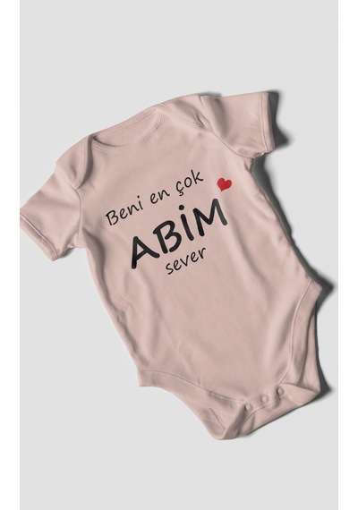 Beni En Çok Abim Sever Baskılı Bebek Zıbını Çıtçıtlı Body %100 Pamuk Kısa Kol Pastel Pembe