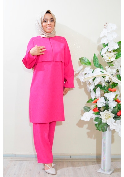 Deryam Tekstil Kadın Sofya Keten Tunik Pantolon Takımı Pembe 42 Beden Pembe
