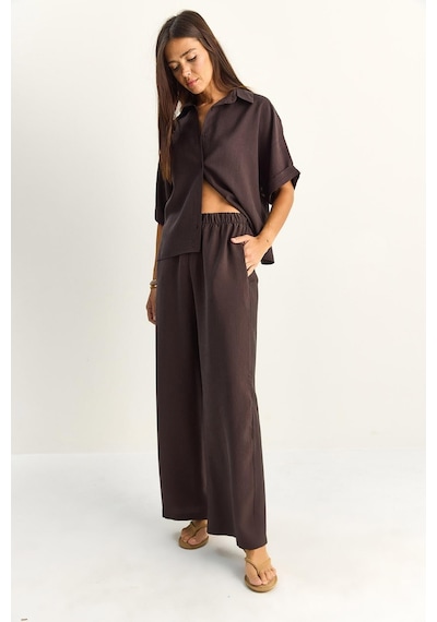 Shade Kadın Oversize Kısa Kol Gömlek Beli Lastikli Geniş Paça Pantolon Takım 7651 60286138 - Acı Kahve Çok Renkli