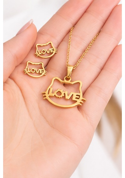 Paslanmaz Çelik Altın Renk Kedi Figürlü Love Yazılı Kolye Küpe Seti Altın - Gümüş