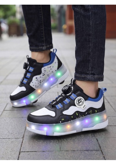 Patenli Işıklı Spor Ayakkabısı & Tekerlekli Sneakers Siyah-sax