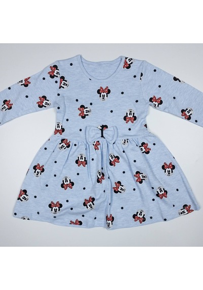 Momikon Minnie Mouse Baskılı Uzun Kollu Pamuklu Açık Mavi Elbise Açık Mavi