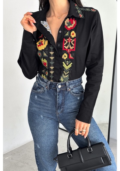 Femelle Kadın Siyah Komple Nakış İşlemeli Vintage Gömlek