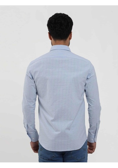 Dufy Mavi Erkek Slim Fit Çizgili Düğmeli Yaka Uzun Kol Gömlek - 104900-mavi Mavi