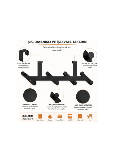 8 Kancalı Metal Kapı Arkası Askı, Amerikan Kapı Arkası Çapraz Askılık, Mat Siyah Kapı Üstü Elbise Havlu Çanta Askısı, Delmeden Dolap Banyo Mutfak Organizeri 52 Cm Belirtilmemiş