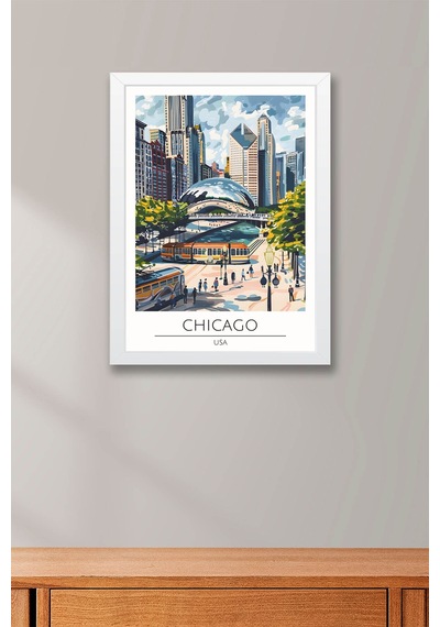 Abd Chicago Temalı Çerçeveli Tablo Travel Serisi Modern İllüstrasyon Şehir Duvar Dekoru Beyaz