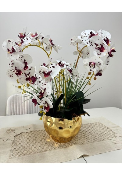 Yapay Çiçek 4lü Bordo Çilli Beyaz Islak Orkide Metal Yuvarlak Gold Vazoda Orkide 50cm