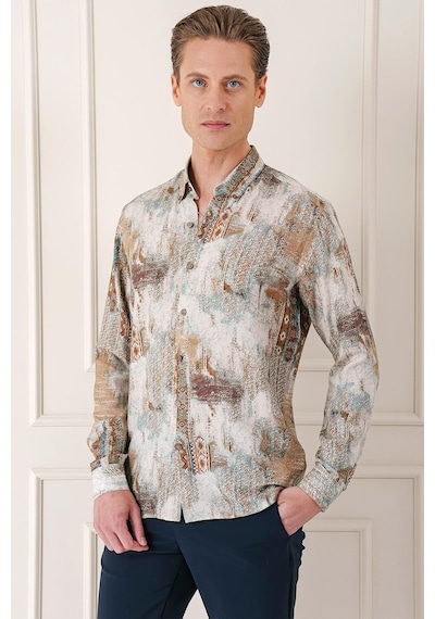 Efor Comfort Fit Düğmeli Yaka Batik Desenli Pamuk Vizon Gömlek G 1566 Vizon