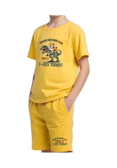 Fyk Kids Erkek Çocuk Tişört-şort Trex Today Baskılı Alt-üst Takım Sarı