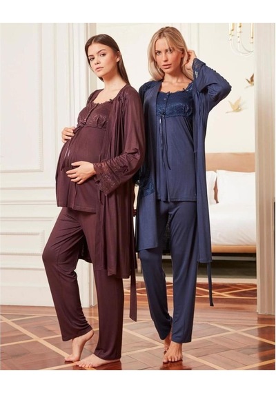 Bone Club Birolgaye 4804 Lacivert Hamile Lohusa 3'lü Pijama Sabahlık Tk 001
