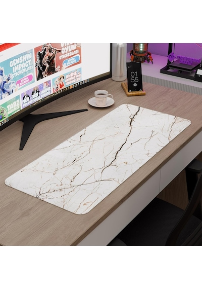 Beyaz Mermer Desenli Oyuncu Gaming Mouse Pad Kauçuk Kaymaz Taban Mousepad V5, 70x30 Xl