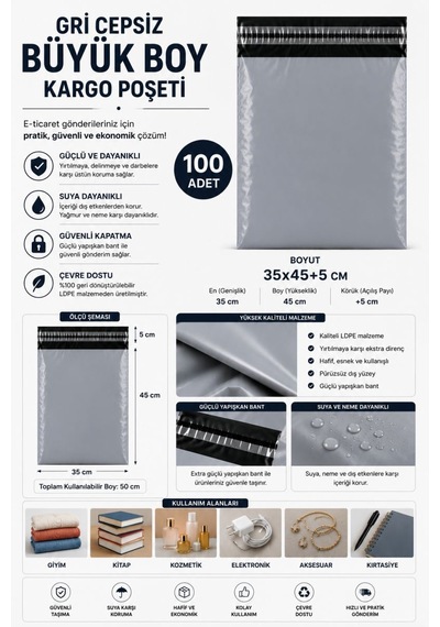 Northcity Gri Cepsiz Büyük Boy Kargo Poşeti 35x45+5 Cm 100 Adet