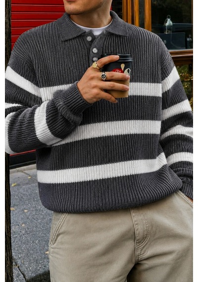 Cool Tarz Erkek Çizgili Polo Yaka Triko Kazak Regular Rahat Kalıp Günlük Şık Triko Füme Füme Cool Tarz Erkek Çizgili Polo Yaka Triko Kazak Regular Rahat Kalıp Günlük Şık Triko Füme Füme
