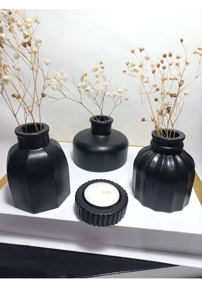 Modern Minimal Vazo Set 3'lü, Ev & Ofis Hediyelik, Dekoratif Obje, Siyah