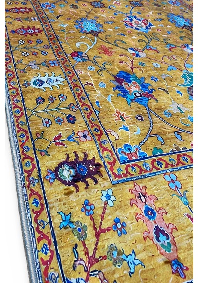 Hardal Sarısı Halı Vintage Etnik Desen Saçaklı Bambu Kumaş Yüzey Çok Renkli